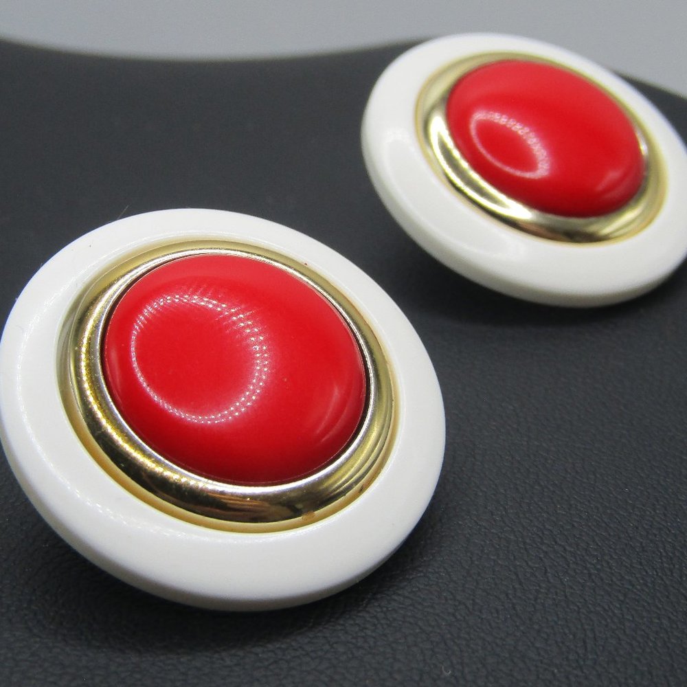 Vintage Earrings Classic 80s Retro Button Earrings Red White Gold Colorful